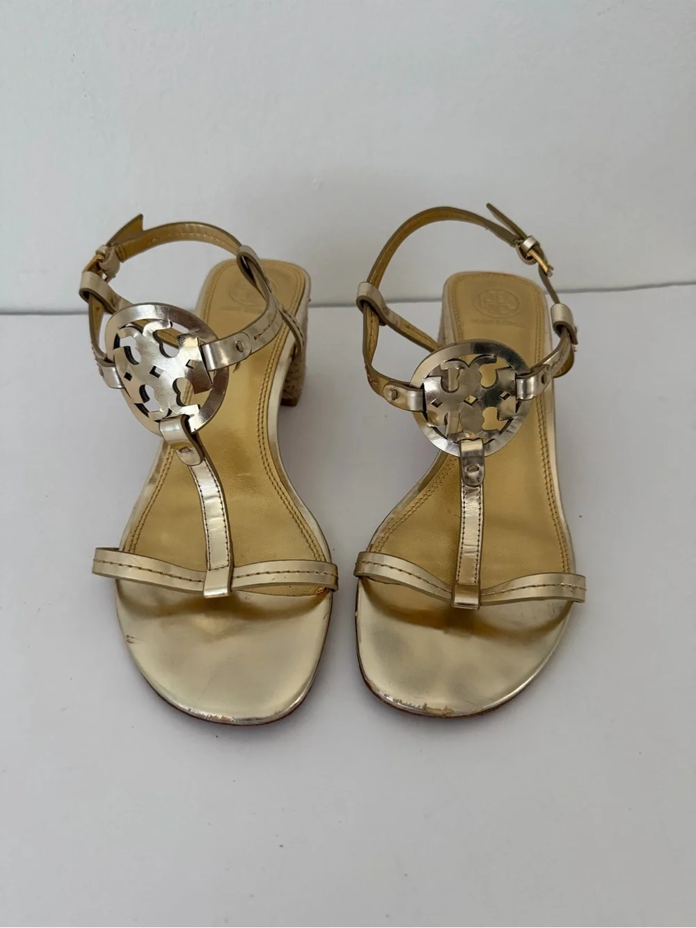 Gold Logo Medallion T-Strap Block Heel Sandals